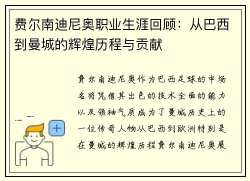 费尔南迪尼奥职业生涯回顾:从巴西到曼城的辉煌历程与贡献 费尔南迪尼奥职业生涯回顾:从巴西到曼城的辉煌历程与贡献