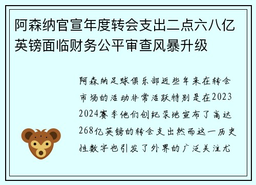 阿森纳官宣年度转会支出二点六八亿英镑面临财务公平审查风暴升级 阿森纳官宣年度转会支出二点六八亿英镑面临财务公平审查风暴升级